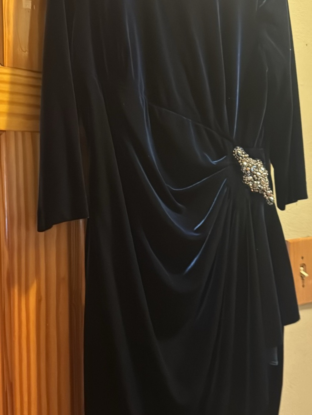Alex Evenings Black Velvet Long Sleeve Dress with Jeweled Accent